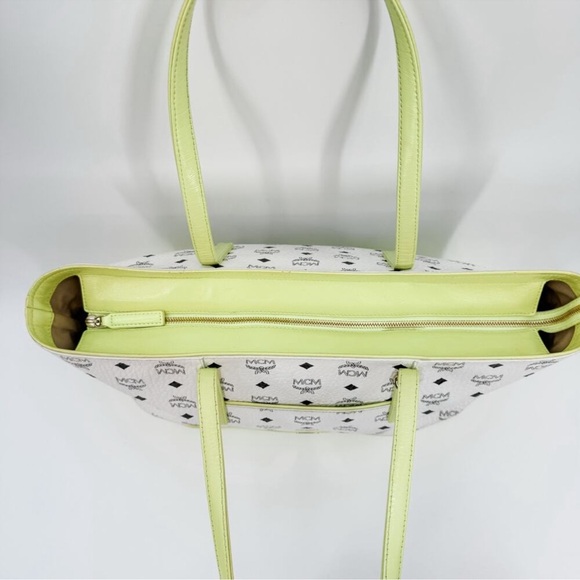 MCM Tote Bag White Yellow Visetos Shopper Authentic Leather Zipper Purse Handbag - Picture 14 of 15